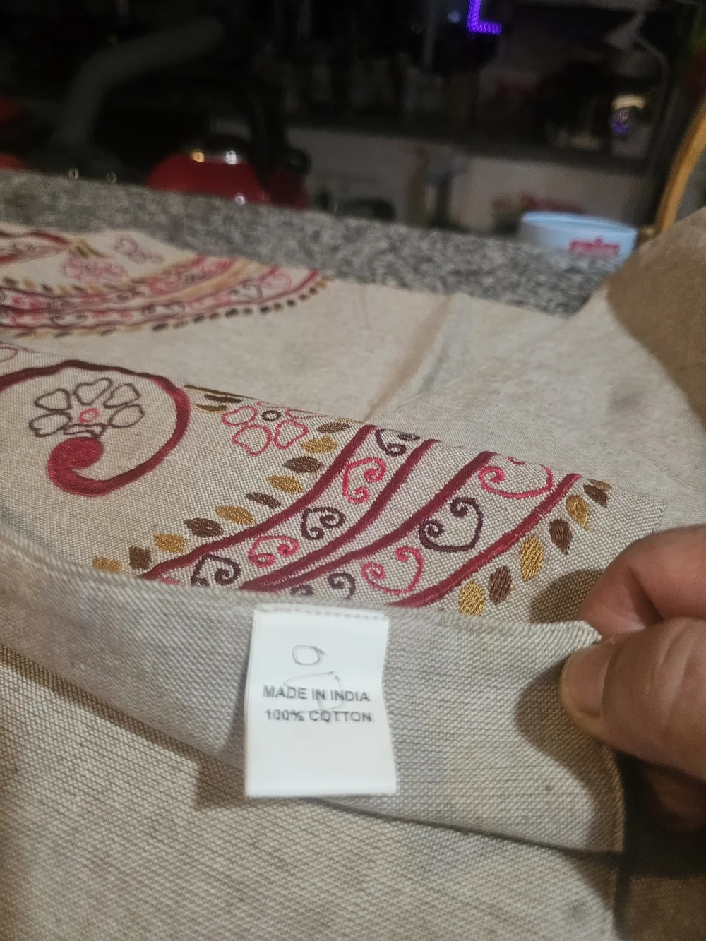 Embroidered Paisley Table Runner - Beige with Burgundy Accents